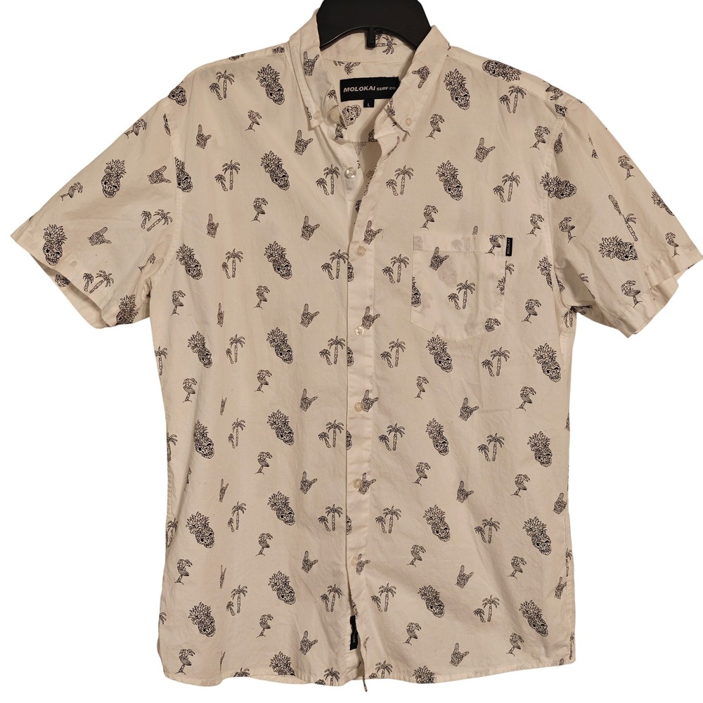 Molokai Surf Co Mens Large White Skeleton Pineapple Palm Tree Shaka Button Down